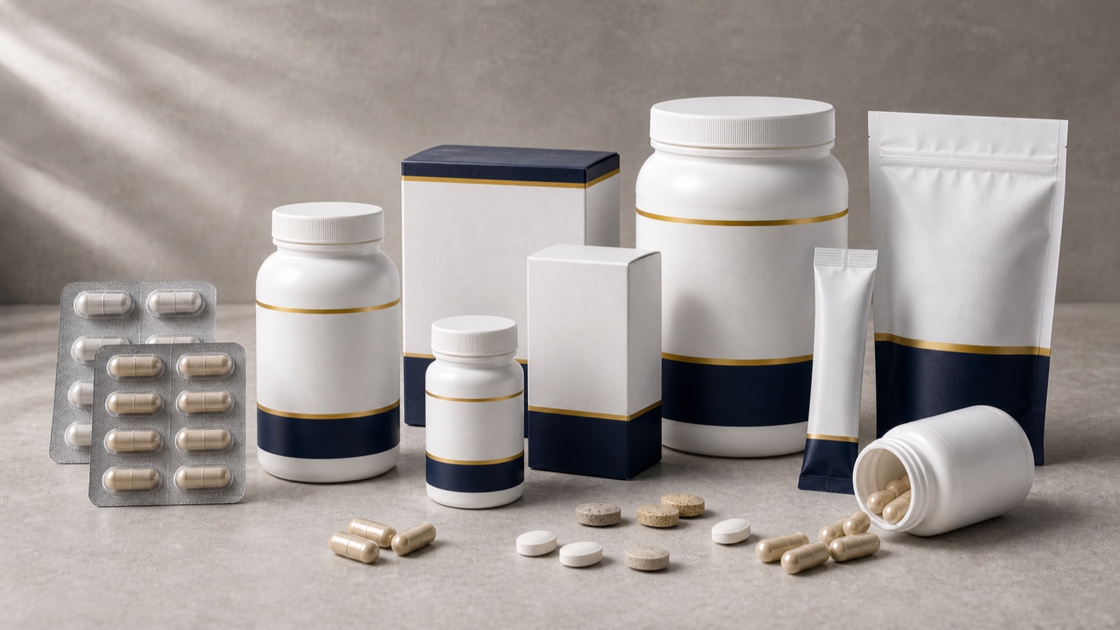 Gama de cápsulas y comprimidos en botes, blísteres y cajas para complementos alimenticios